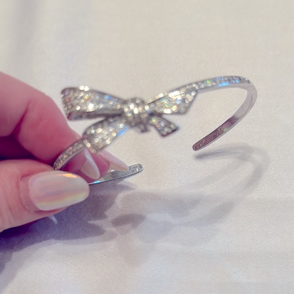 Silver Bangle Bow Bracelet with Faux Diamonds - Picture 3 of 6